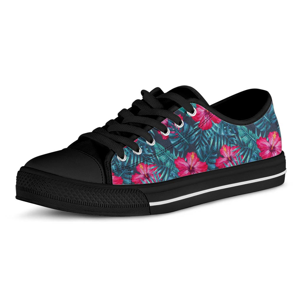Hot Pink Hibiscus Tropical Pattern Print Black Low Top Sneakers