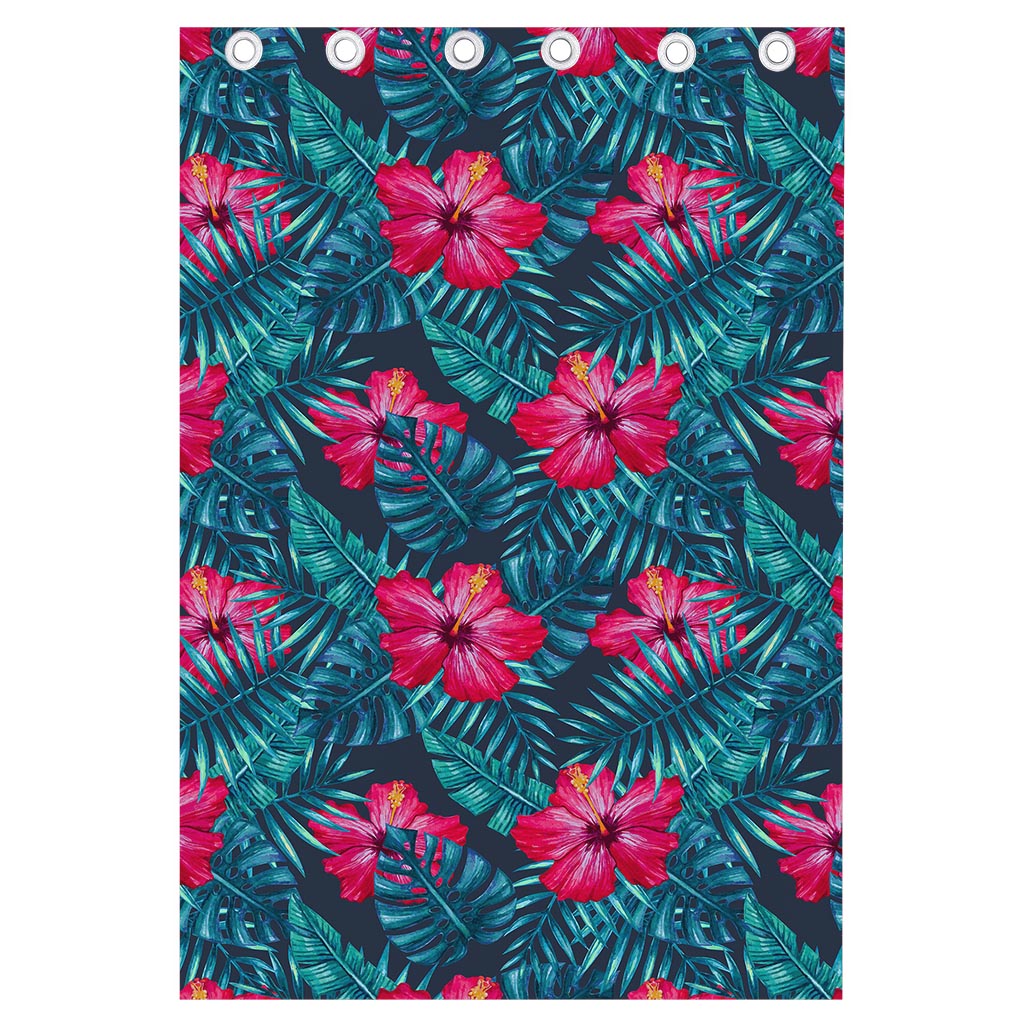 Hot Pink Hibiscus Tropical Pattern Print Curtain
