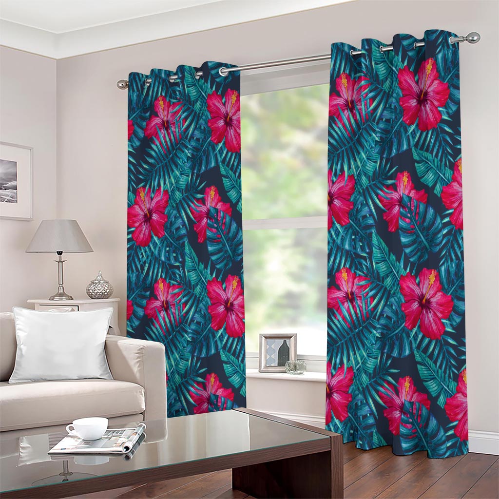 Hot Pink Hibiscus Tropical Pattern Print Extra Wide Grommet Curtains