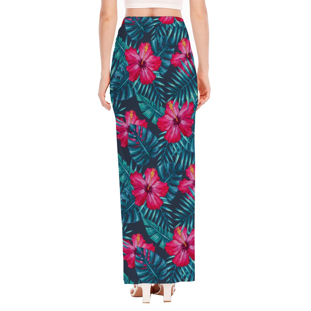 Hot Pink Hibiscus Tropical Pattern Print High Slit Maxi Skirt