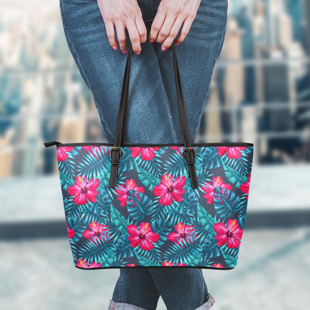 Hot Pink Hibiscus Tropical Pattern Print Leather Tote Bag