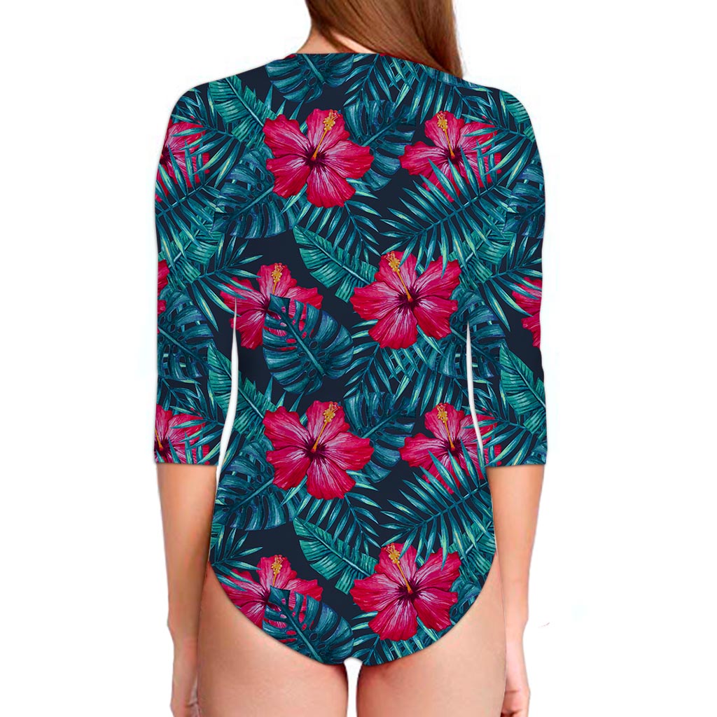 Hot Pink Hibiscus Tropical Pattern Print Long Sleeve Swimsuit