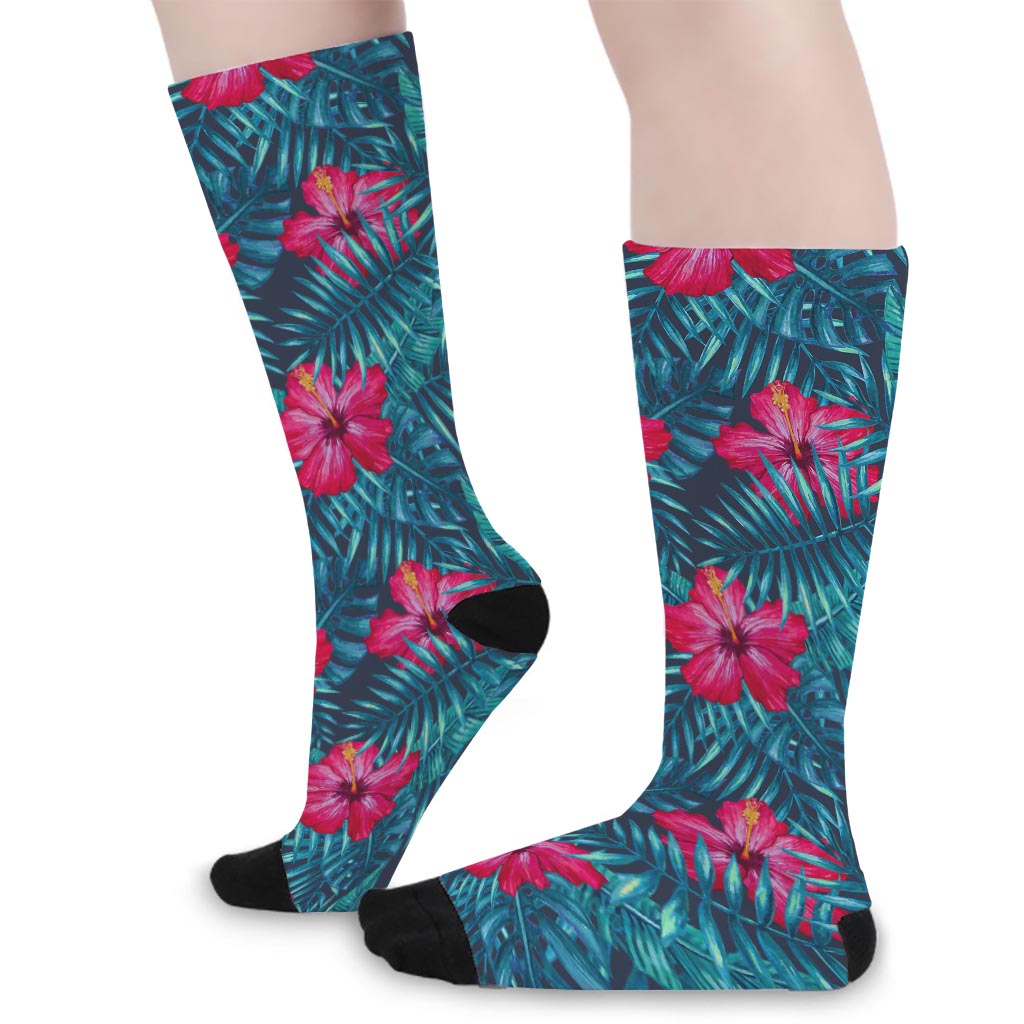 Hot Pink Hibiscus Tropical Pattern Print Long Socks
