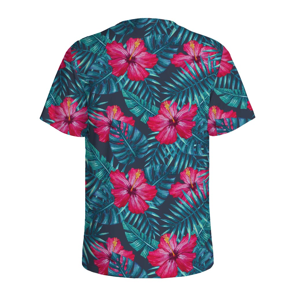 Hot Pink Hibiscus Tropical Pattern Print Men's Sports T-Shirt
