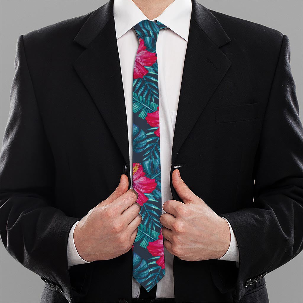 Hot Pink Hibiscus Tropical Pattern Print Necktie
