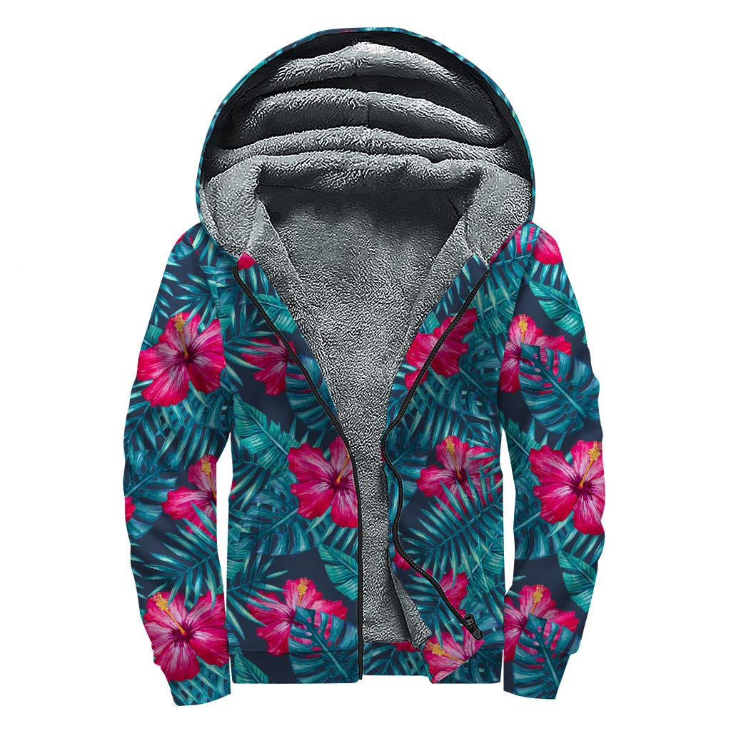 Hot Pink Hibiscus Tropical Pattern Print Sherpa Lined Zip Up Hoodie