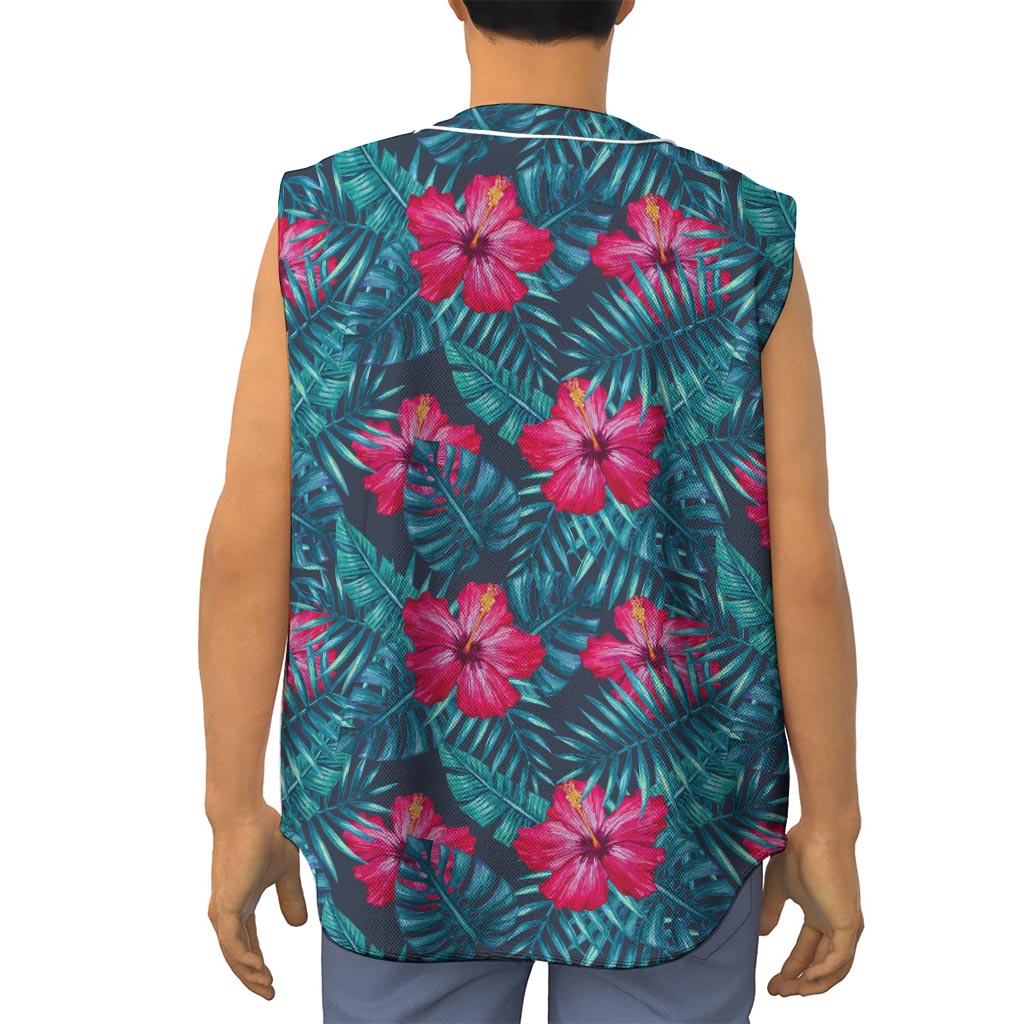 Hot Pink Hibiscus Tropical Pattern Print Sleeveless Baseball Jersey