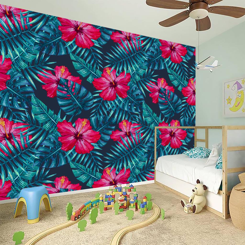 Hot Pink Hibiscus Tropical Pattern Print Wall Sticker