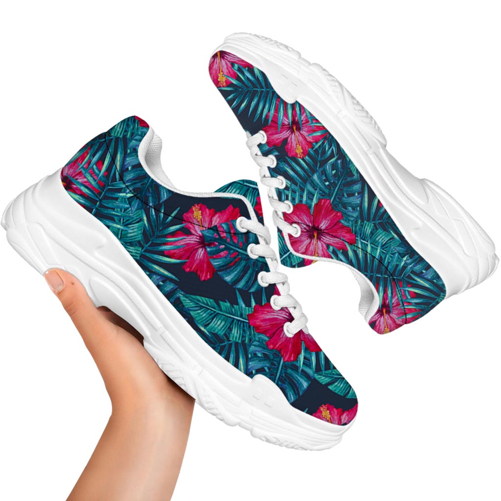 Hot Pink Hibiscus Tropical Pattern Print White Chunky Shoes