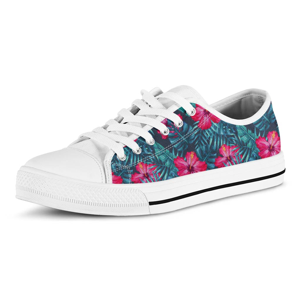 Hot Pink Hibiscus Tropical Pattern Print White Low Top Sneakers