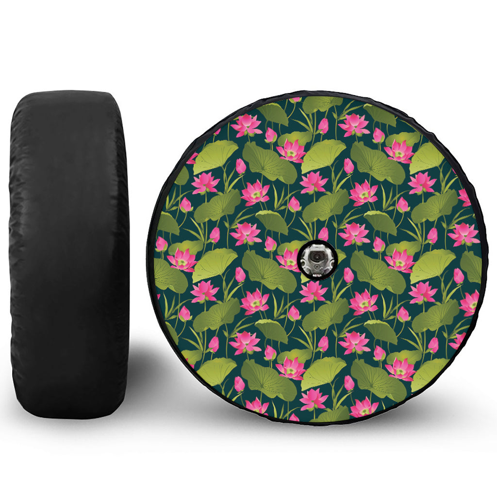 Hot Pink Lotus Pattern Print Tire Cover With Camera Hole