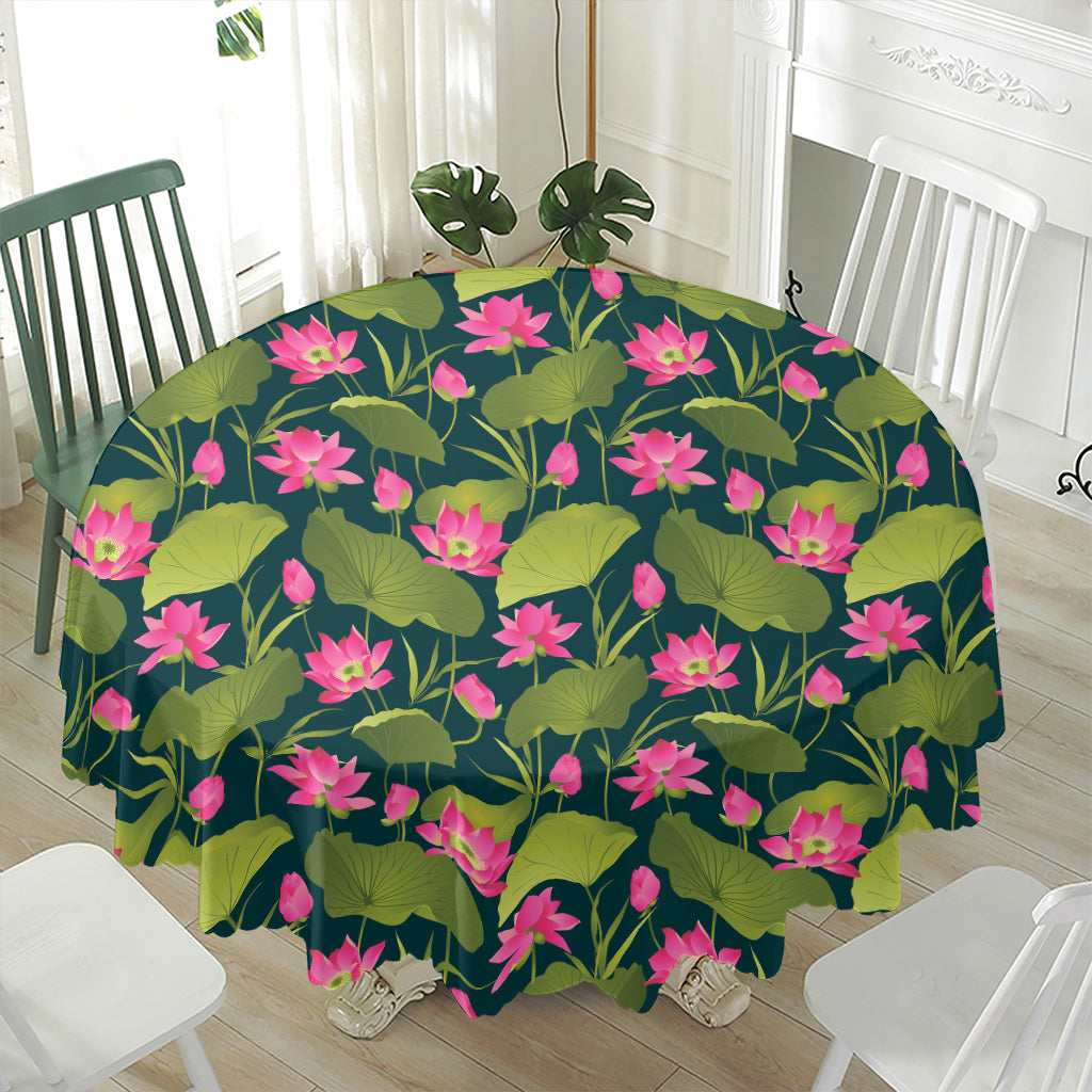 Hot Pink Lotus Pattern Print Waterproof Round Tablecloth