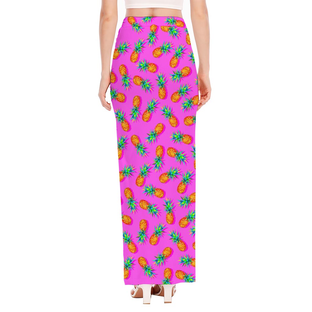 Hot Pink Pineapple Pattern Print High Slit Maxi Skirt