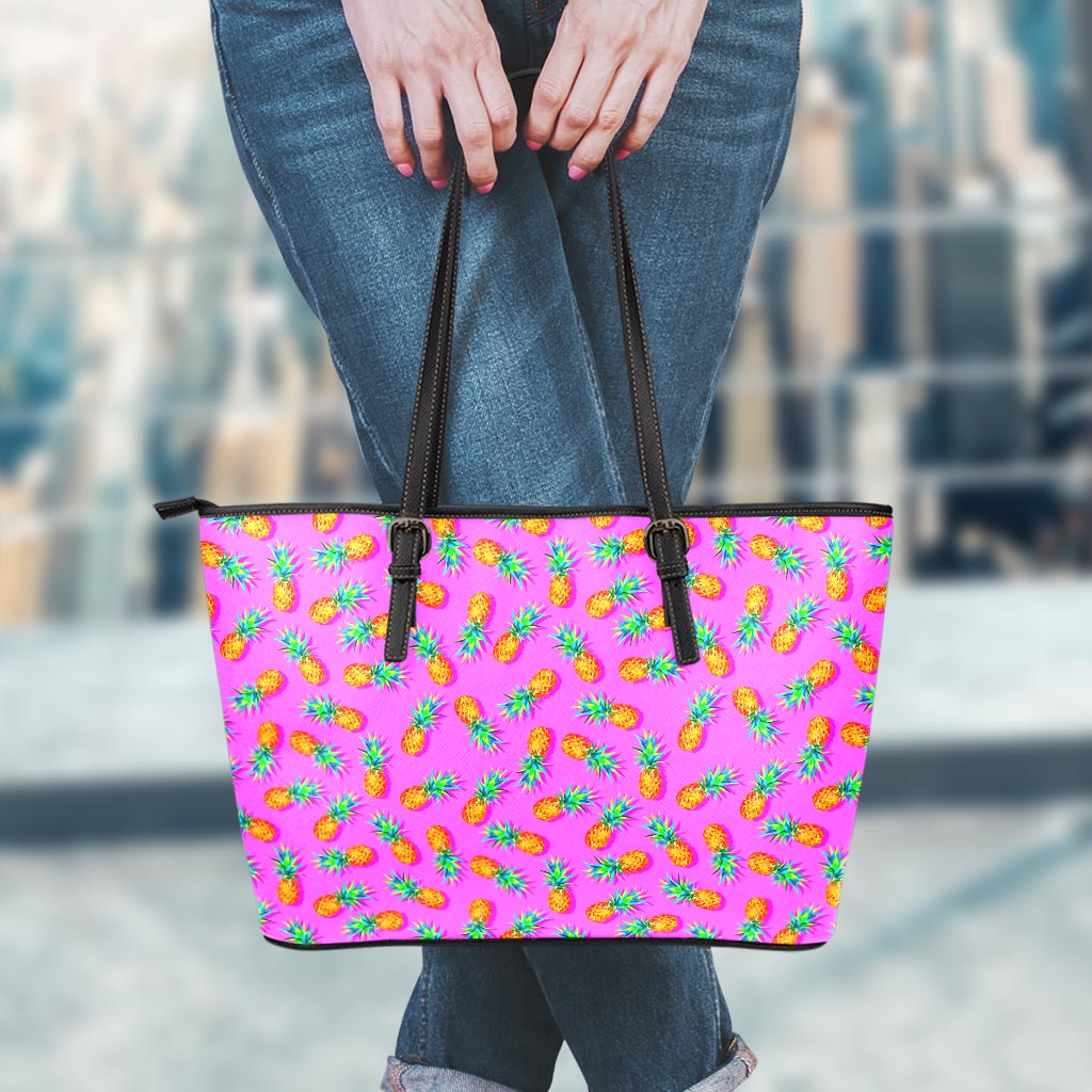 Hot Pink Pineapple Pattern Print Leather Tote Bag