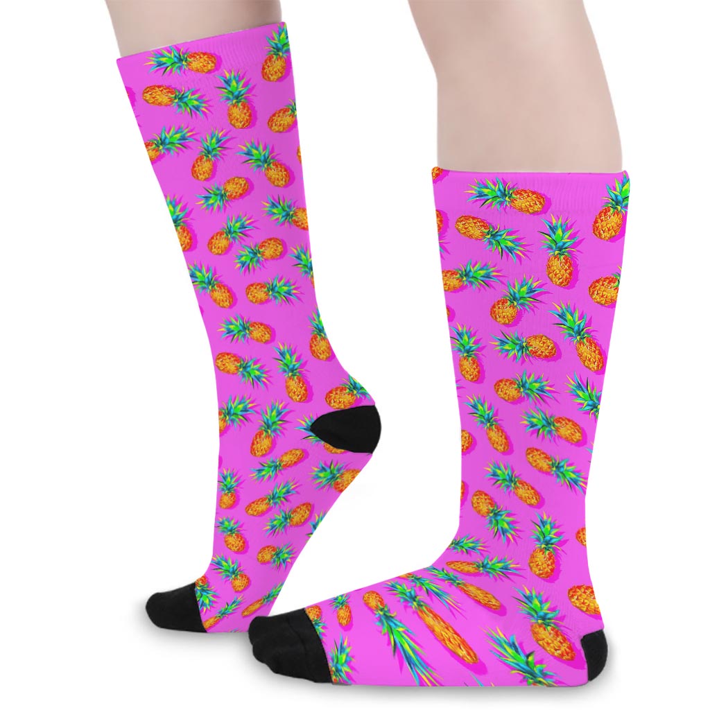 Hot Pink Pineapple Pattern Print Long Socks