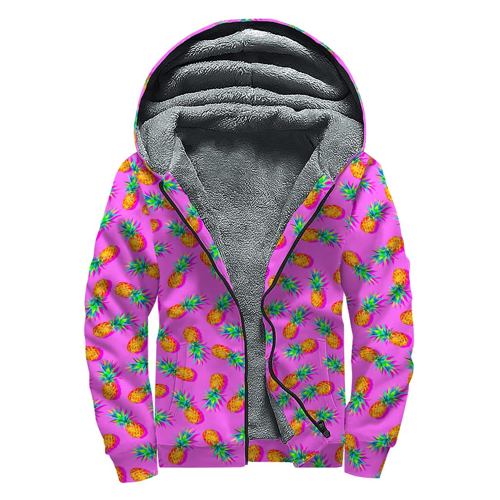 Hot Pink Pineapple Pattern Print Sherpa Lined Zip Up Hoodie