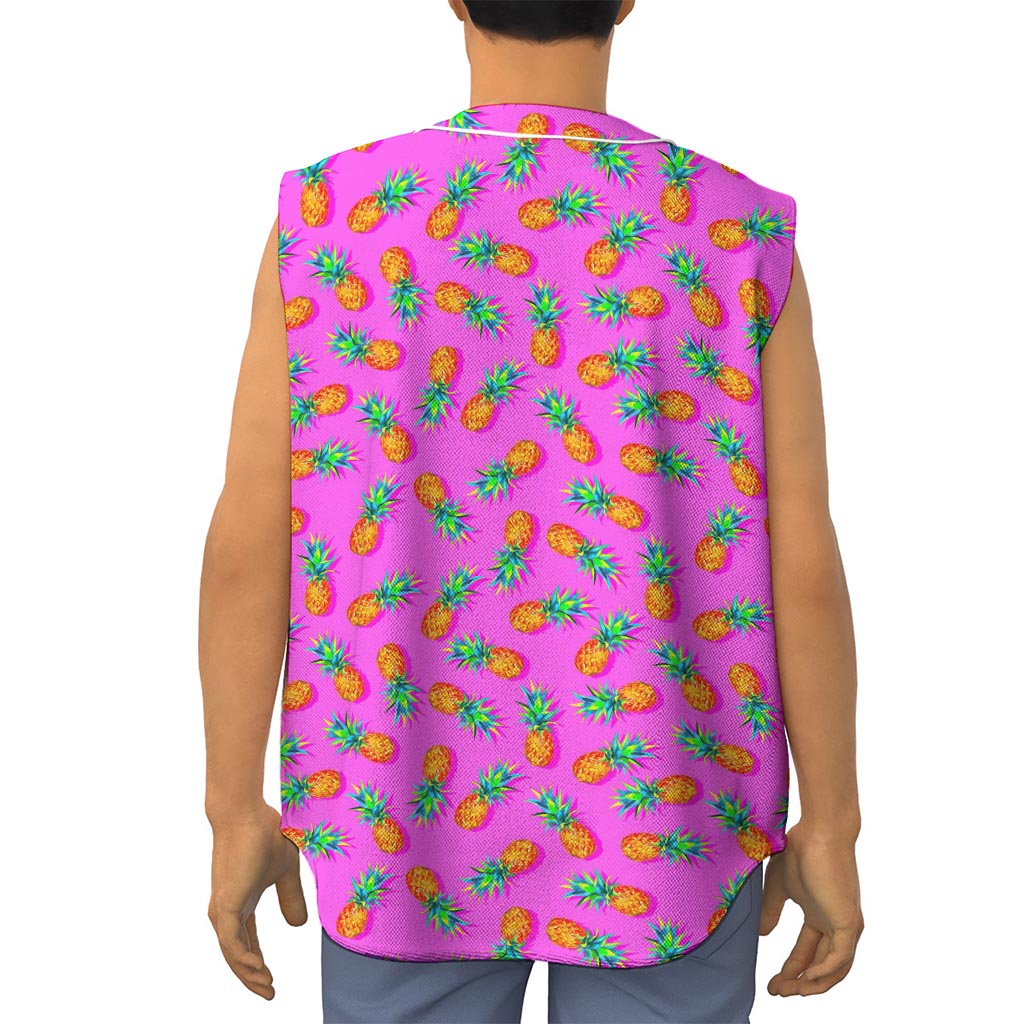 Hot Pink Pineapple Pattern Print Sleeveless Baseball Jersey