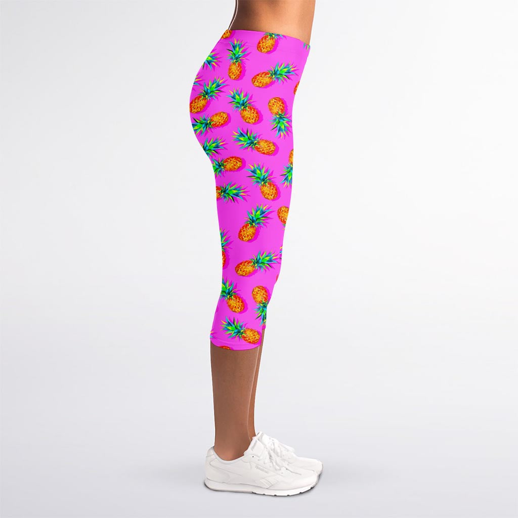 Hot Pink Pineapple Pattern Print Women's Capri Leggings