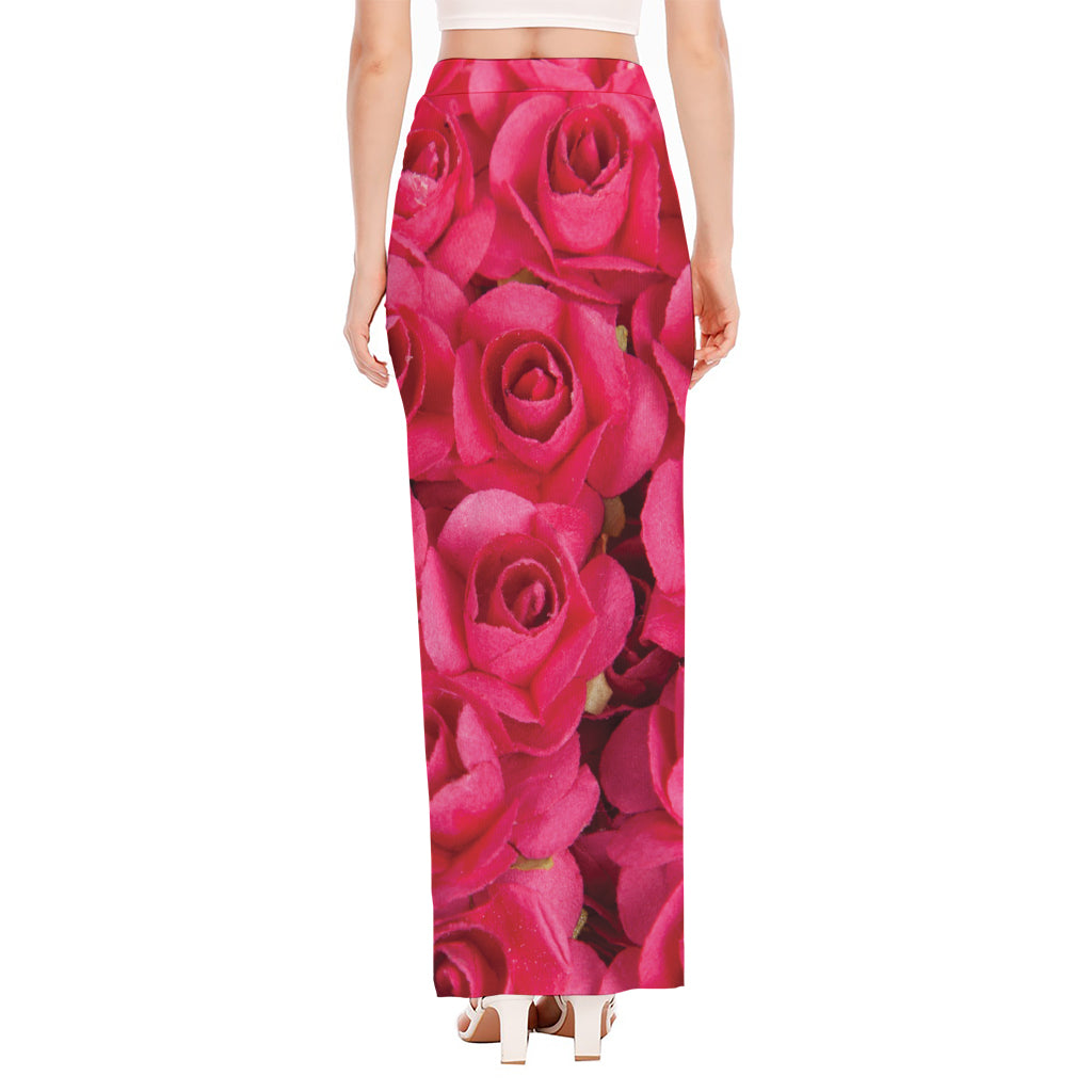 Hot Pink Rose Print High Slit Maxi Skirt