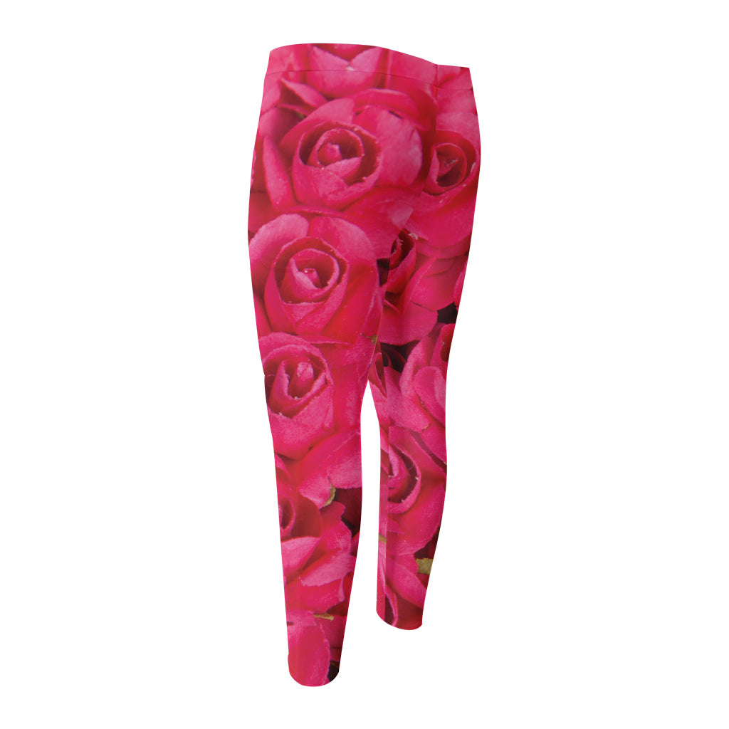 Hot Pink Rose Print Men's Compression Pants