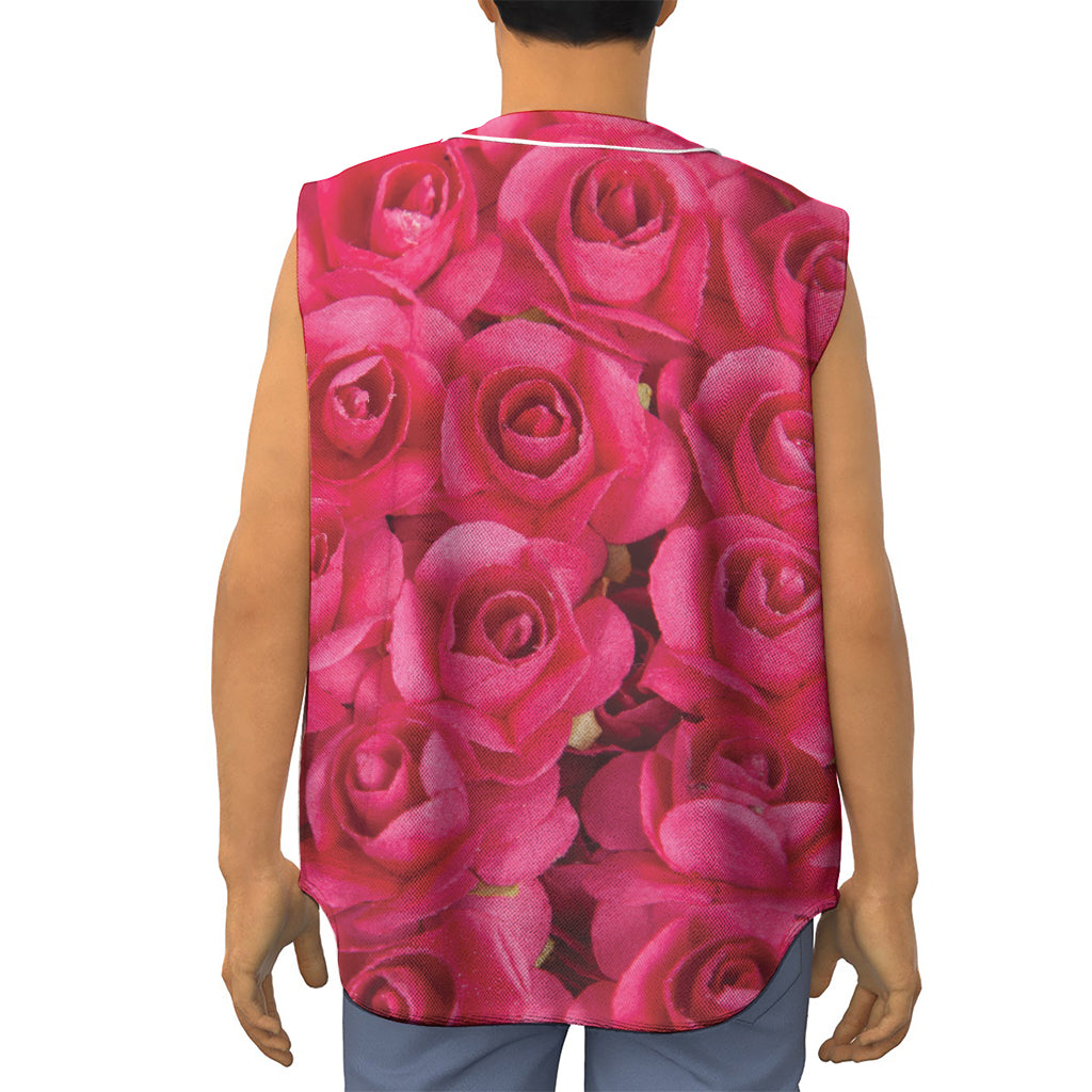 Hot Pink Rose Print Sleeveless Baseball Jersey