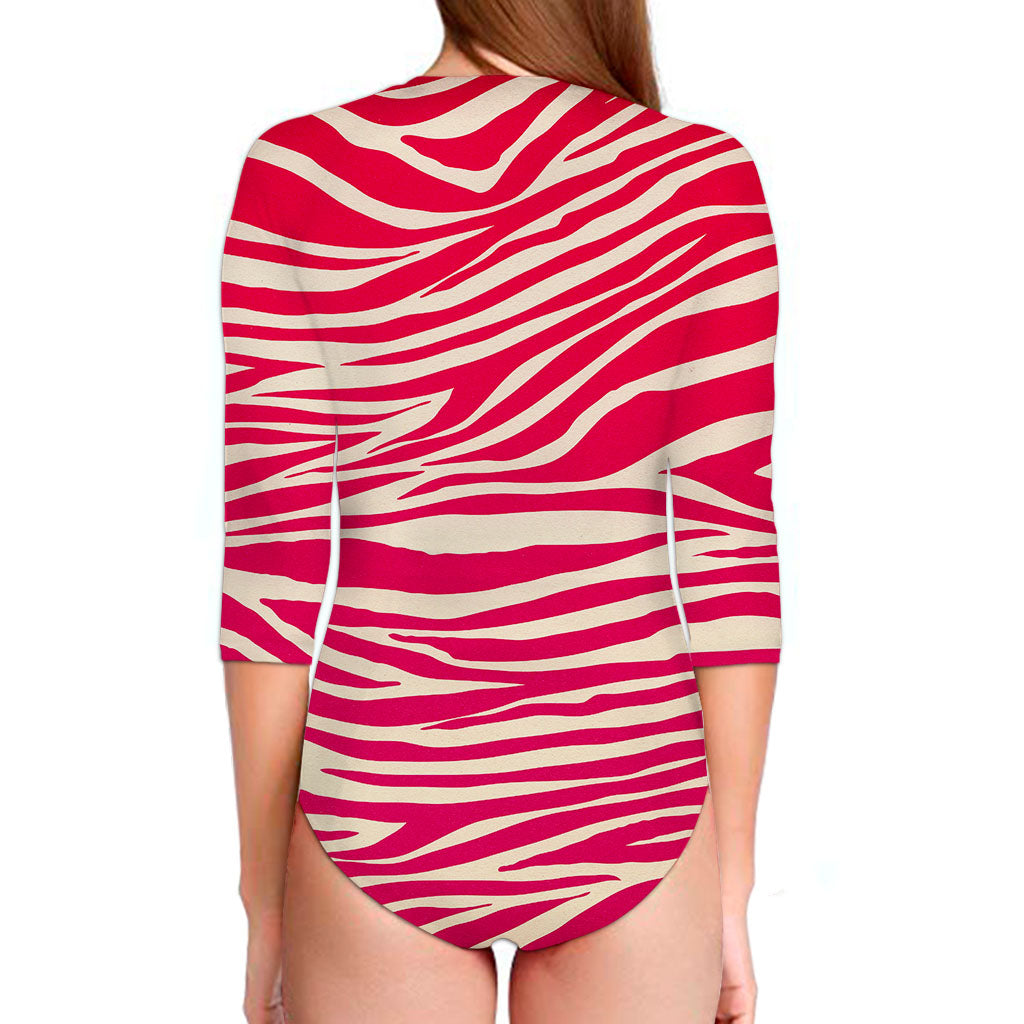 Hot Pink Zebra Pattern Print Long Sleeve Swimsuit