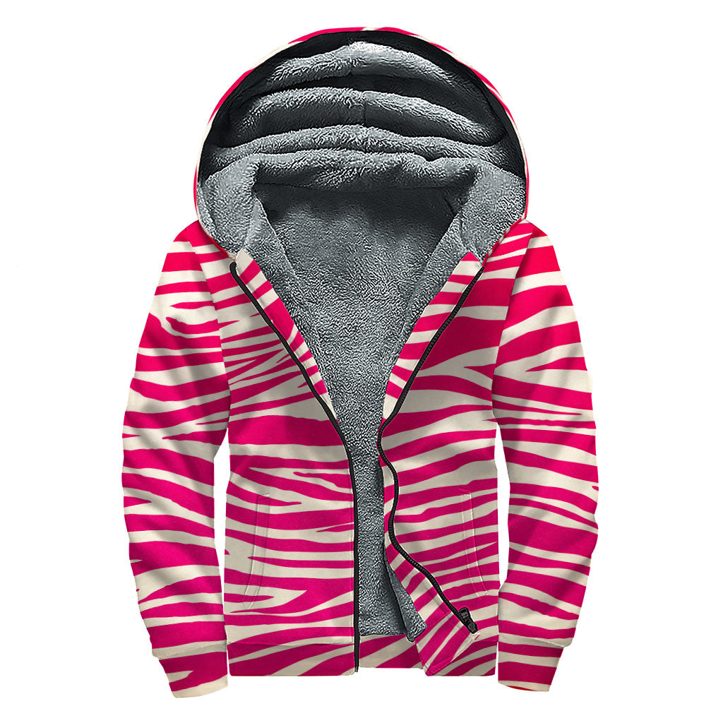 Hot Pink Zebra Pattern Print Sherpa Lined Zip Up Hoodie