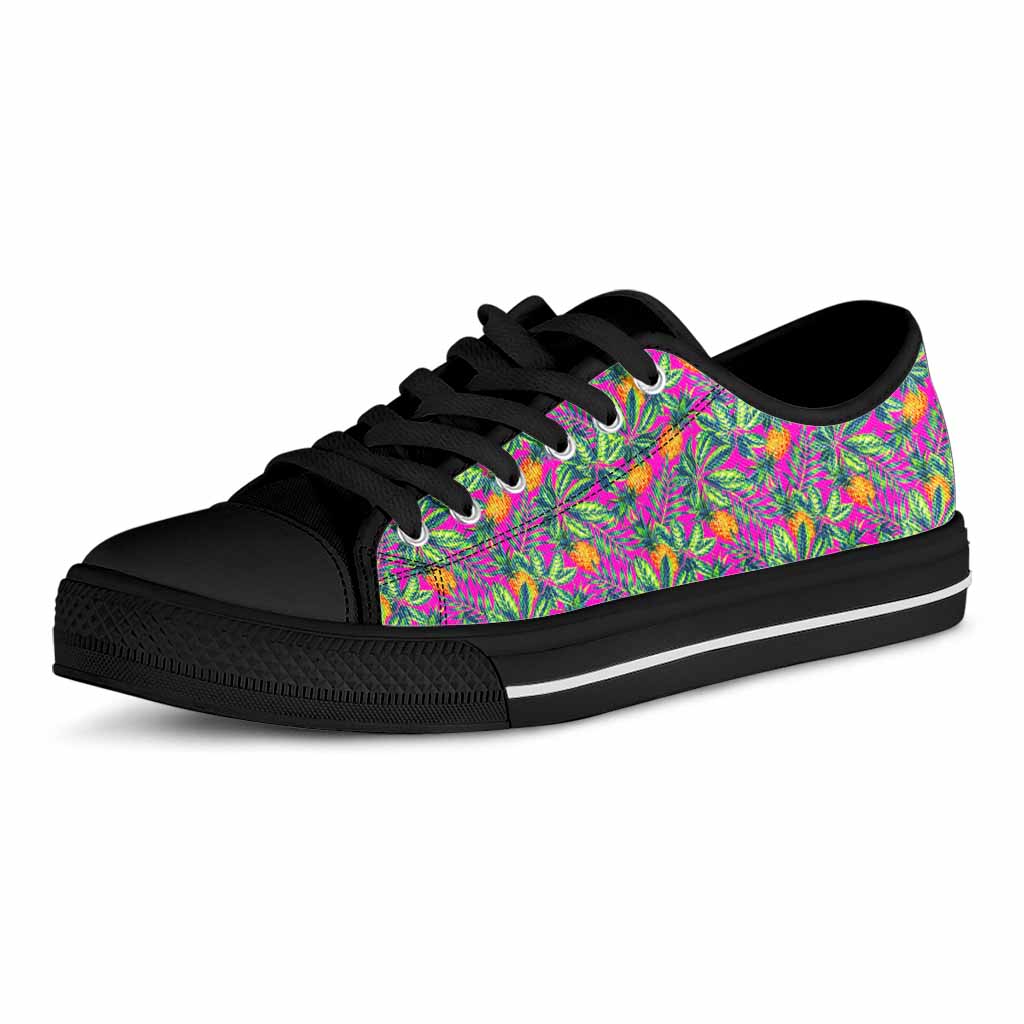 Hot Purple Pineapple Pattern Print Black Low Top Sneakers