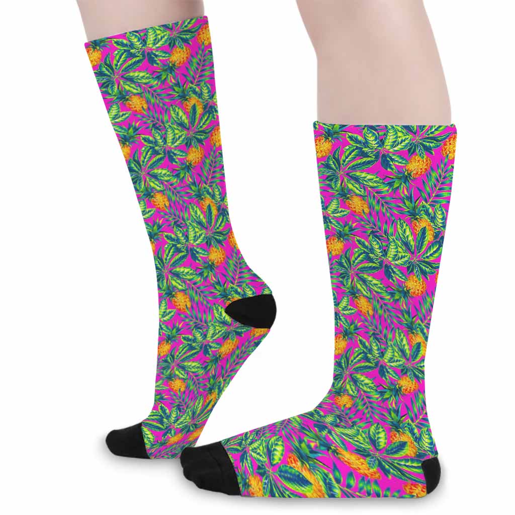 Hot Purple Pineapple Pattern Print Long Socks