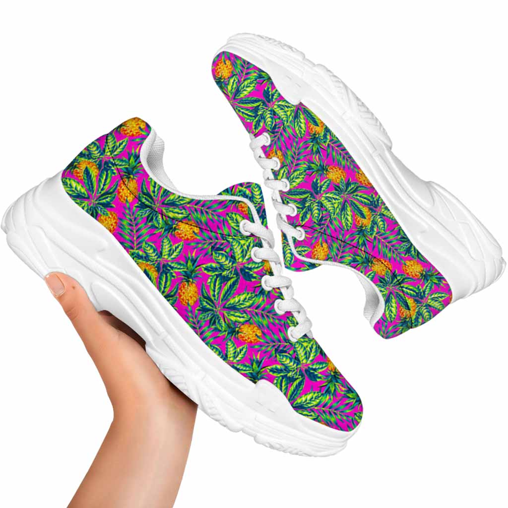 Hot Purple Pineapple Pattern Print White Chunky Shoes