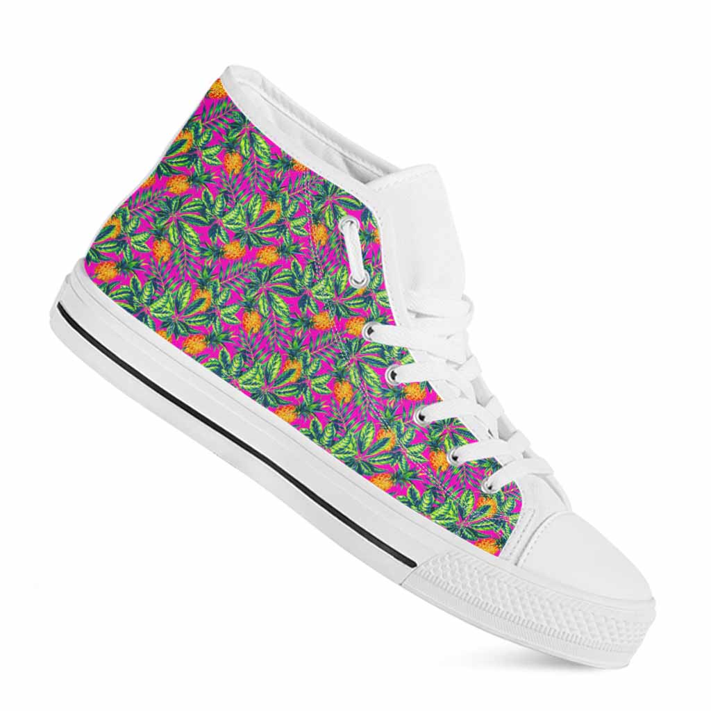 Hot Purple Pineapple Pattern Print White High Top Sneakers