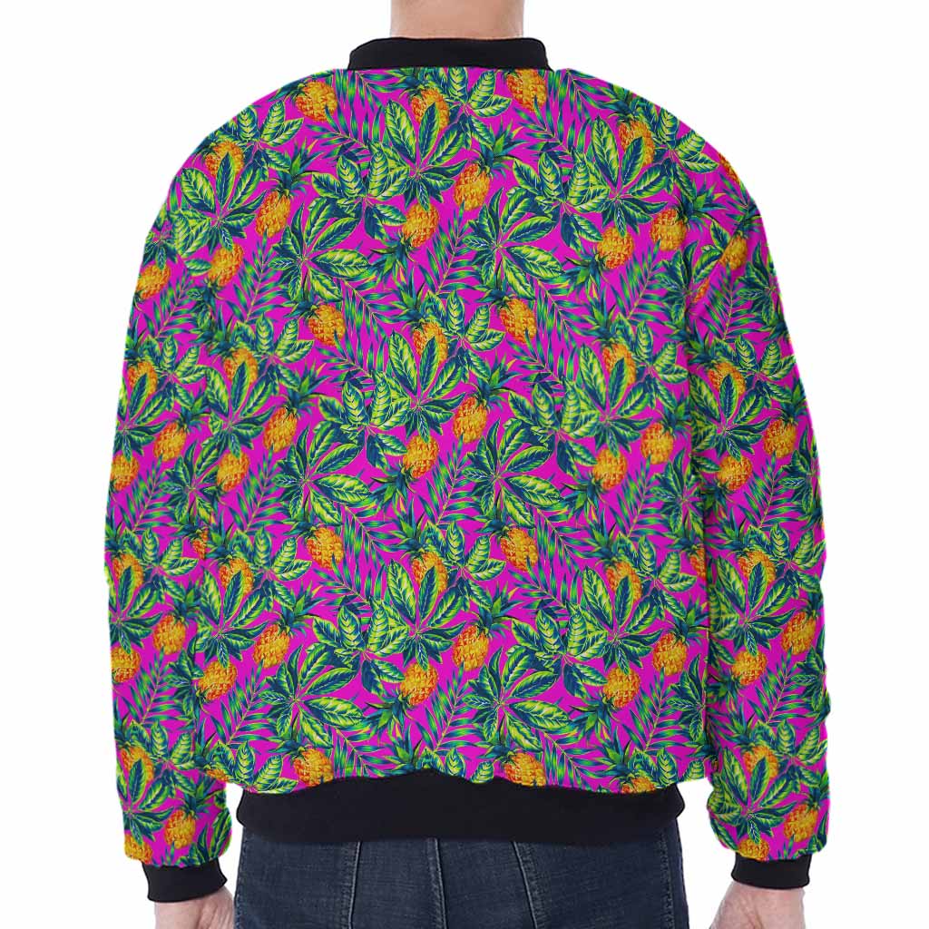 Hot Purple Pineapple Pattern Print Zip Sleeve Bomber Jacket