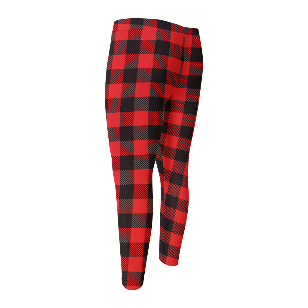 Hot Red Buffalo Plaid Print Men's Compression Pants
