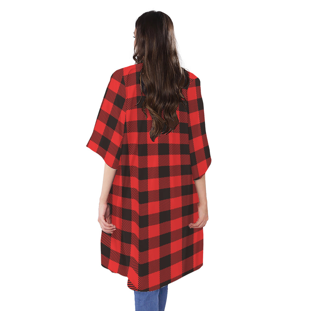 Hot Red Buffalo Plaid Print Open Front Beach Cover Up