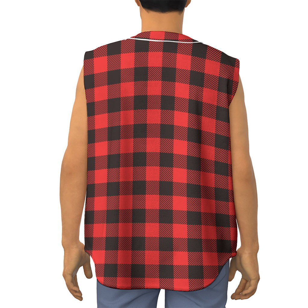 Hot Red Buffalo Plaid Print Sleeveless Baseball Jersey