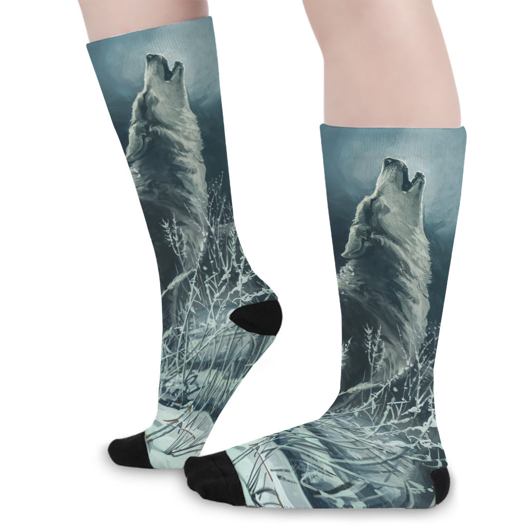 Howling Snowy Wolf Painting Print Long Socks