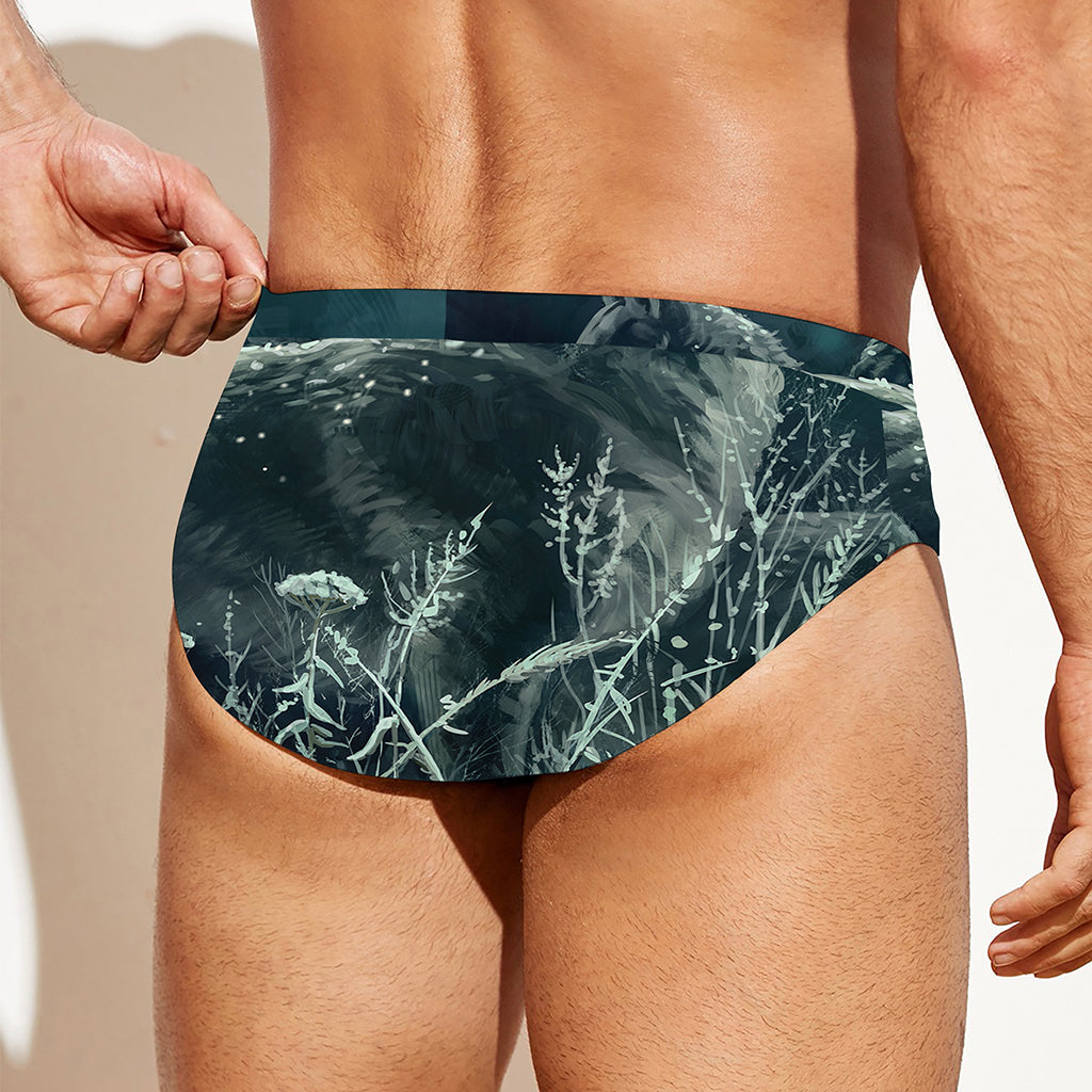 Howling Snowy Wolf Painting Print Men's Swim Briefs