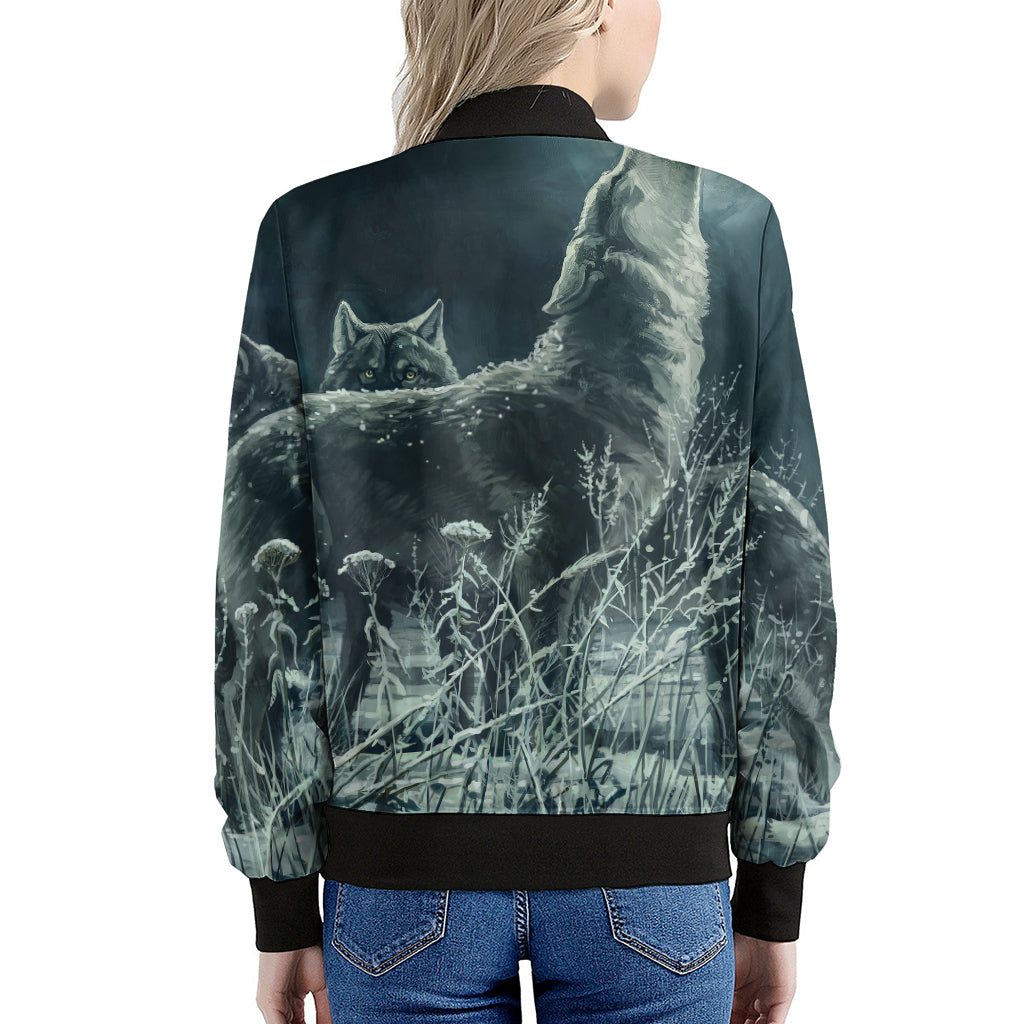 Howling Snowy Wolf Painting Print Women's Bomber Jacket
