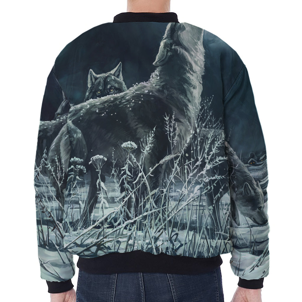 Howling Snowy Wolf Painting Print Zip Sleeve Bomber Jacket