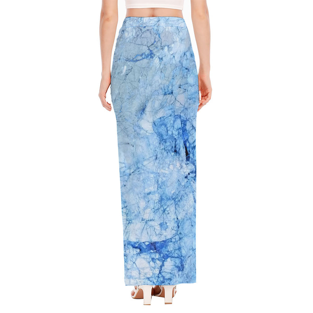 Ice Blue Marble Print High Slit Maxi Skirt