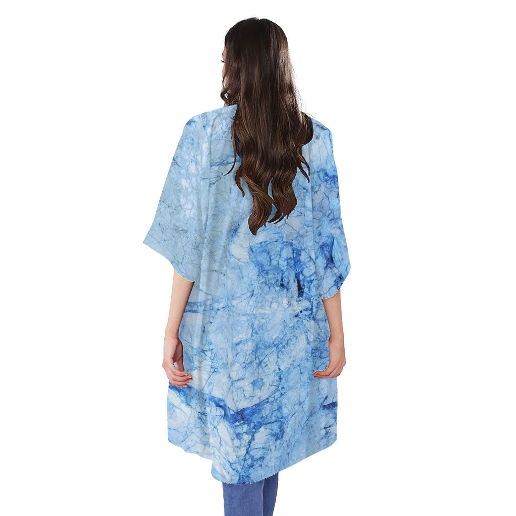 Ice Blue Marble Print Open Front Beach Cover Up