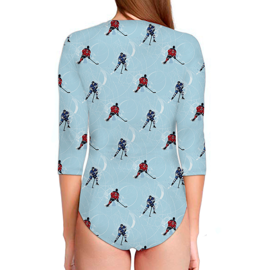 Ice Hockey Players Pattern Print Long Sleeve Swimsuit