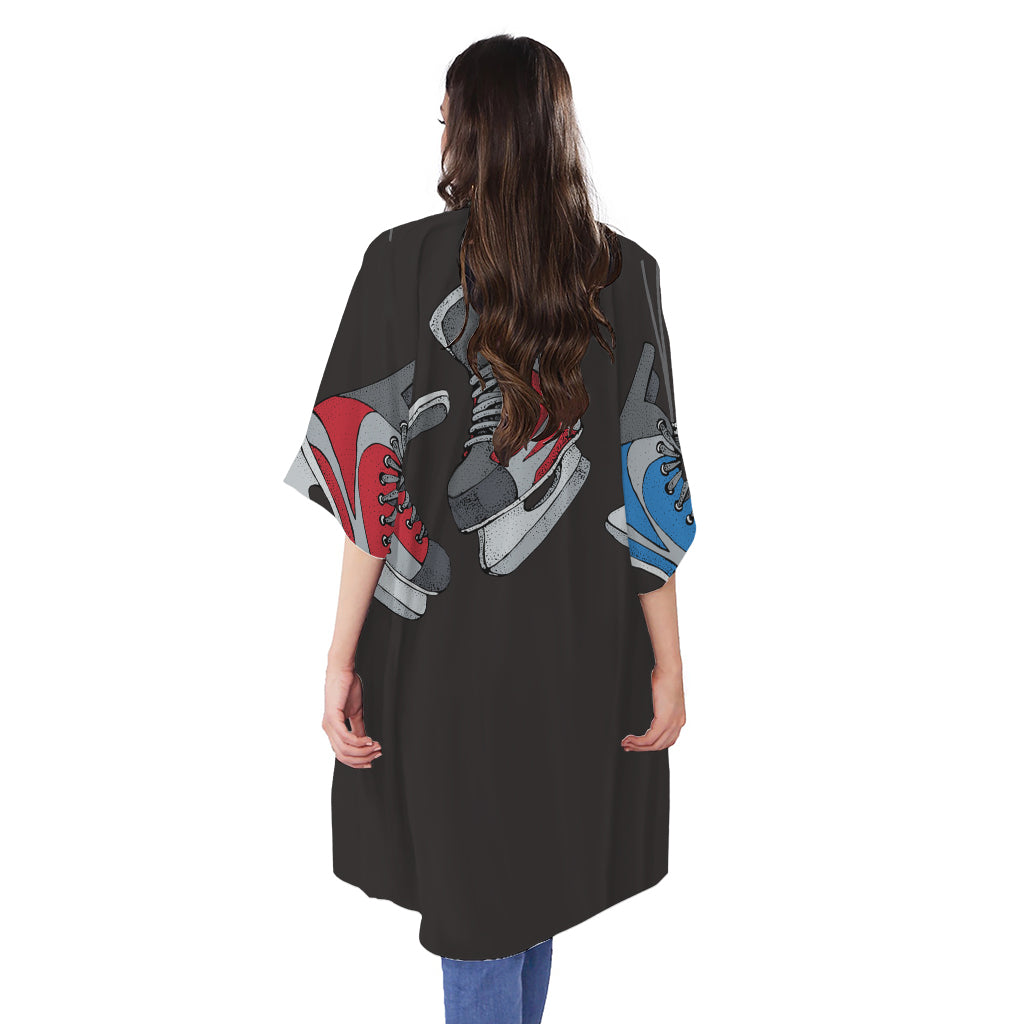 Ice Hockey Skates Print Open Front Beach Cover Up