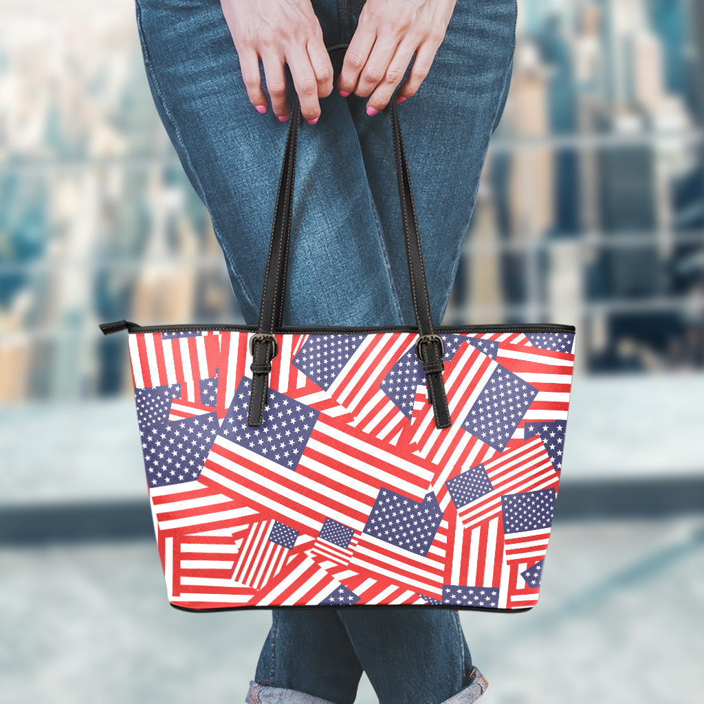 Independence Day USA Flag Pattern Print Leather Tote Bag