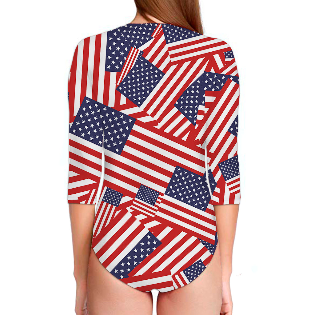 Independence Day USA Flag Pattern Print Long Sleeve Swimsuit