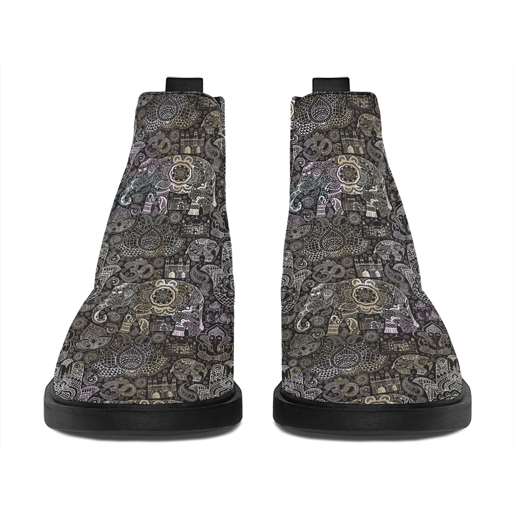 Indian Boho Elephant Pattern Print Flat Ankle Boots
