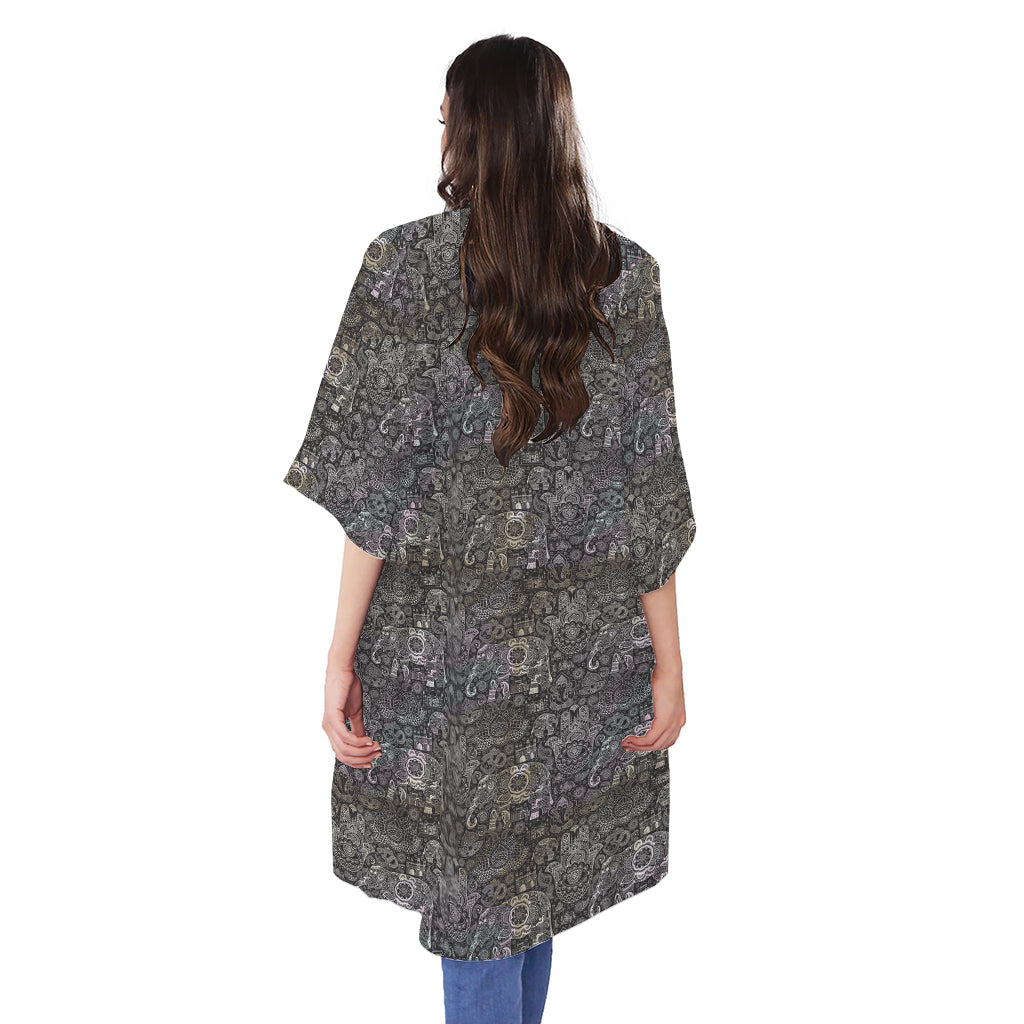 Indian Boho Elephant Pattern Print Open Front Beach Cover Up