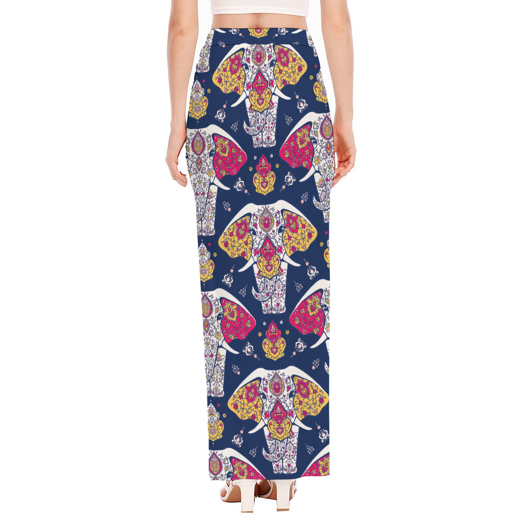 Indian Floral Elephant Pattern Print High Slit Maxi Skirt