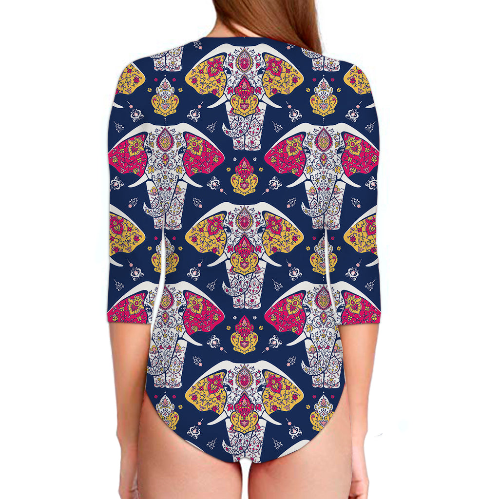 Indian Floral Elephant Pattern Print Long Sleeve Swimsuit