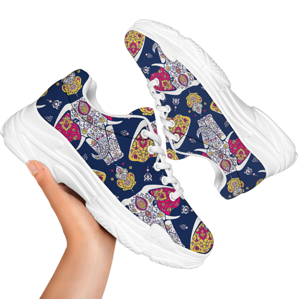 Indian Floral Elephant Pattern Print White Chunky Shoes